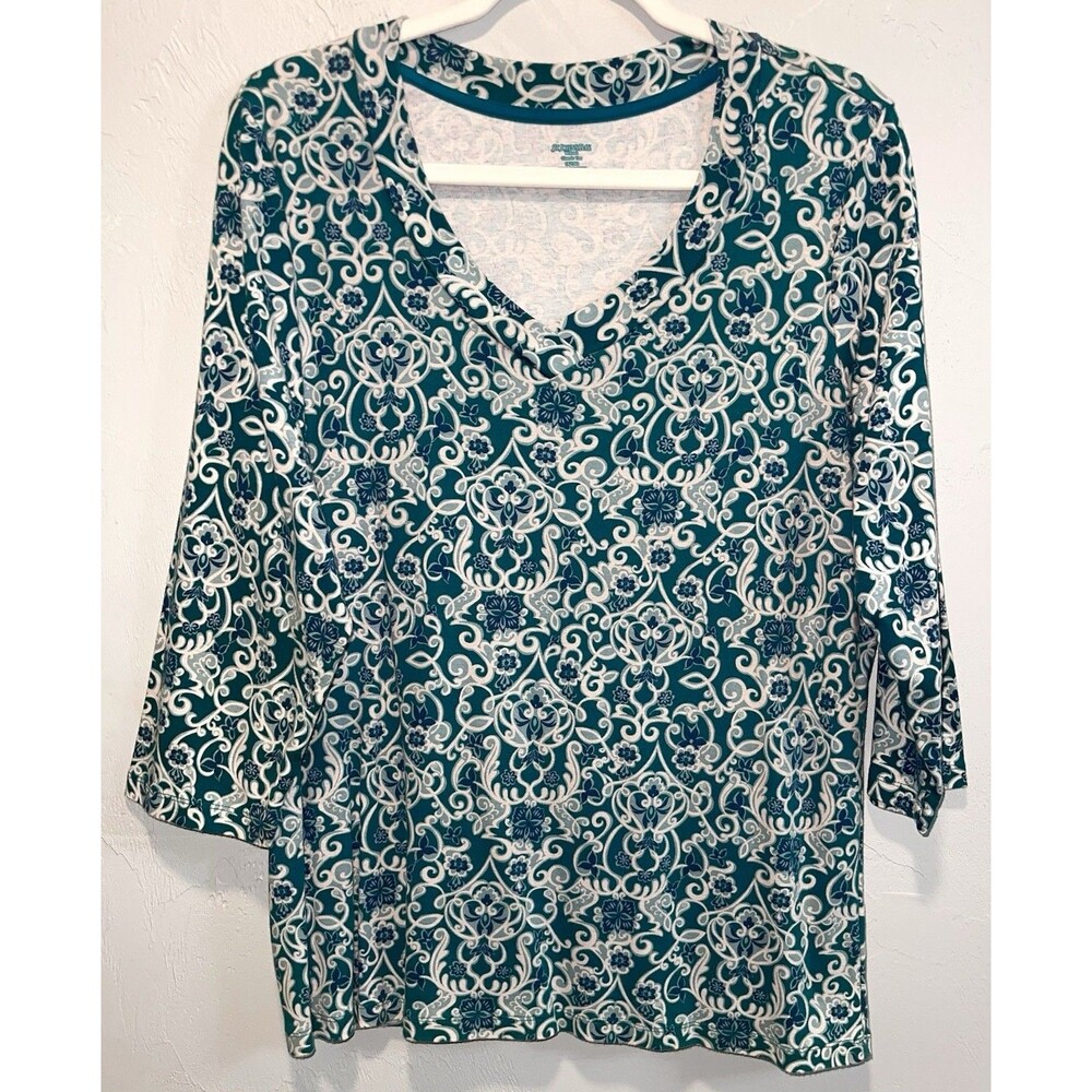 St. John’s Woman Shirt Teal White Scroll Print V-Neck 3/4 Sleeve Top Women’s 1X